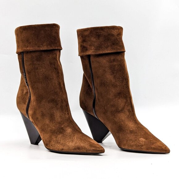 Saint Laurent Niki 85mm Brown Suede Logo Heel Ankle Fold Boots 9US EUR39.5 - Picture 1 of 9